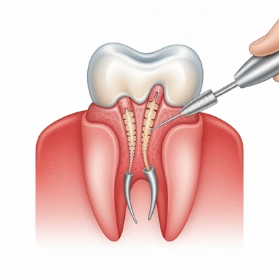 Detailed illustration of a tooth with a root canal procedure, showing the removal of infected pulp, clean image, dental health, no text, no words, no typography, 8K
