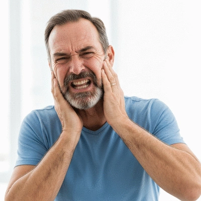 Person holding jaw due to toothache, indicating dental emergency