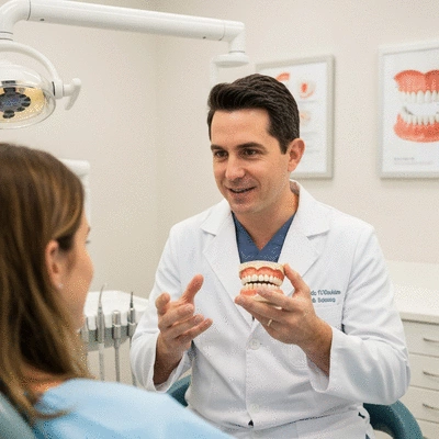 Close-up of a dentist explaining options to a patient using a dental model, emphasizing patient education
