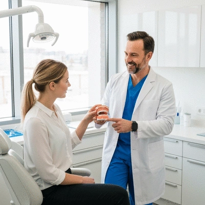 Patient consulting with an orthodontist, pointing to a 3D dental model