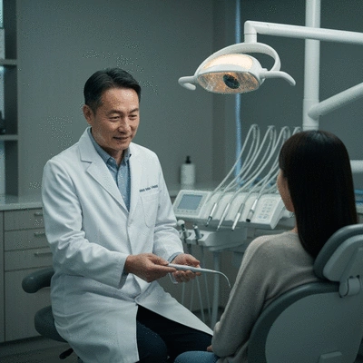 Dentist consulting with a patient about oral hygiene plan, professional setting
