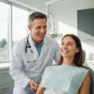 Dentist explaining benefits of regular dental cleanings to a patient in a modern dental office