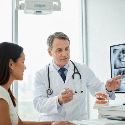 Dentist explaining treatment options to a patient in a modern dental office