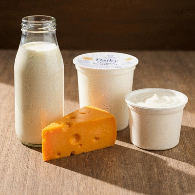 Assortment of dairy products like milk, cheese, and yogurt on a wooden table, representing calcium for strong teeth