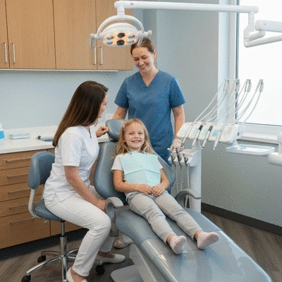 Parent and child in a modern dental office, child smiling in chair, clean and welcoming environment, no text, no words, no typography
