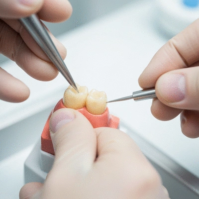 Close-up of a dental crown being placed on a tooth model, illustrating precision and care