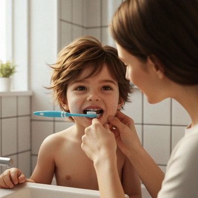 Child brushing teeth with parent assistance