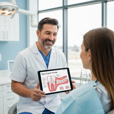 Dentist explaining root canal procedure to a patient on a tablet