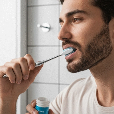 Person brushing teeth with a toothbrush and toothpaste, close up, dental hygiene