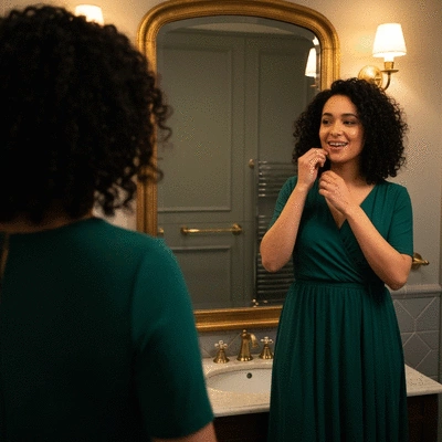 Person looking in mirror, reflecting on their smile and missing teeth