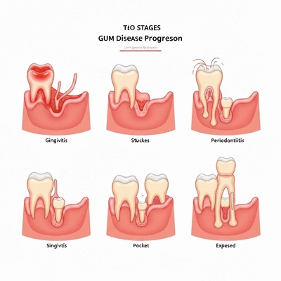 Visual representation of the stages of gum disease progression, from gingivitis to advanced periodontitis, with clear distinctions between stages