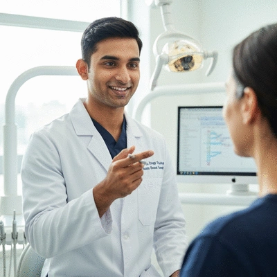 Patient discussing dental implant options with a dentist in a modern clinic