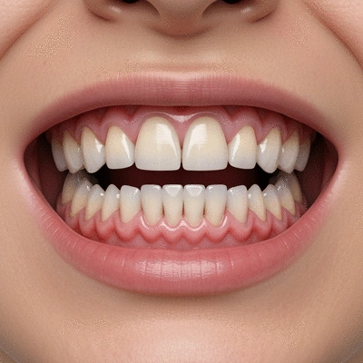 Close-up of a person's mouth showing inflamed, red gums, indicating early gingivitis
