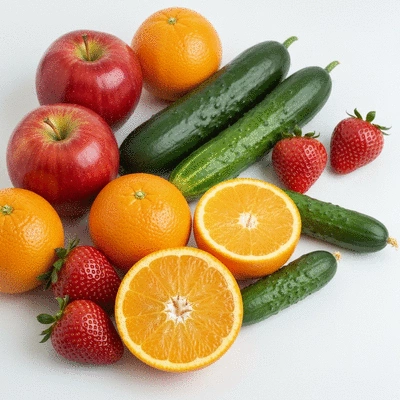 Close-up of fresh fruits and vegetables on a clean white background, emphasizing healthy eating for oral health