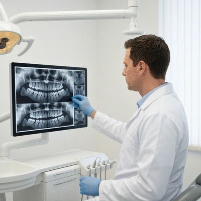Dentist reviewing patient's dental x-rays on a digital screen, modern dental office, no text, no words, no typography, 8K, clean image