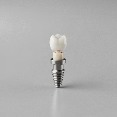 Detailed close-up of a single dental implant components: titanium post, abutment, and crown on a clean, light background