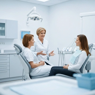 Modern dental office setting with a dentist and patient discussing oral health innovations, clean image, no text