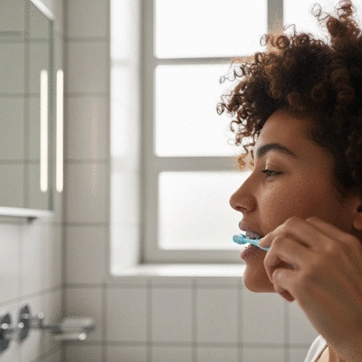 Person gently brushing teeth after a professional cleaning