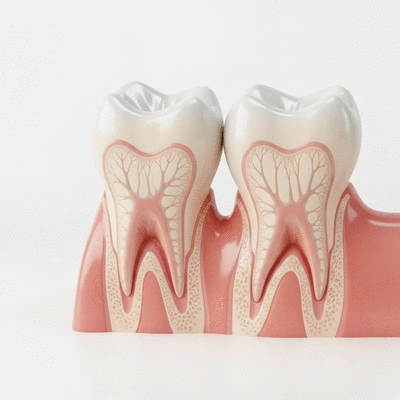 Close-up of a healthy tooth cross-section showing root canal structure