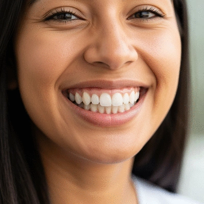 Close-up of a happy patient smiling, showcasing healthy teeth after successful dental implant procedure