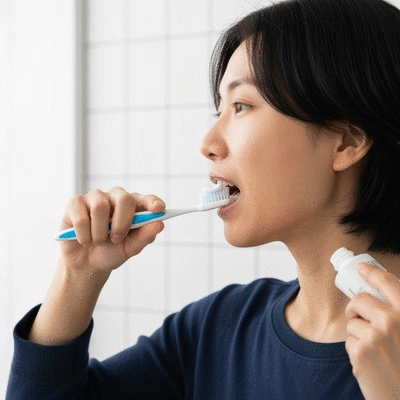 Person brushing teeth with a toothbrush and toothpaste