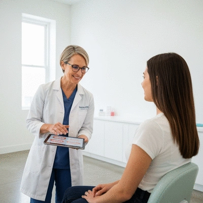 Professional dentist discussing teeth whitening options with a happy patient in a modern dental office
