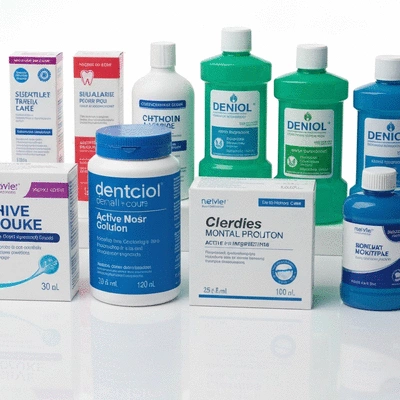 Close-up of various dental care products like toothpaste and mouthwash with active ingredient labels visible, clean image, no text