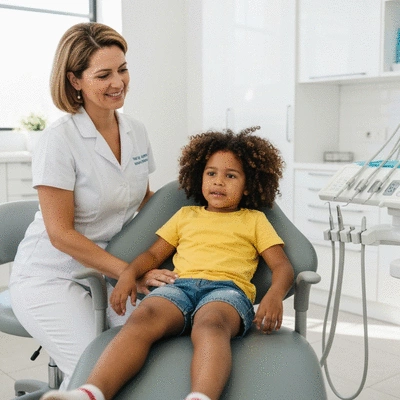 Child looking nervously at dental tools, comforting parent hand, no text, no words, no typography, clean image