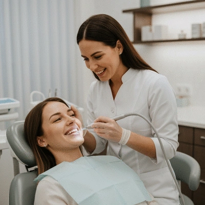 Dentist applying teeth whitening gel to patient's teeth in a professional setting