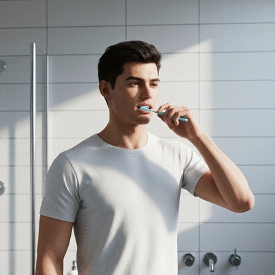 Person brushing teeth with a focused, calm expression, representing good oral hygiene despite stress