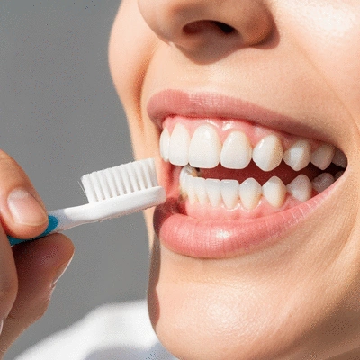 Close-up of a person's mouth showing healthy gums and teeth, with a toothbrush in hand
