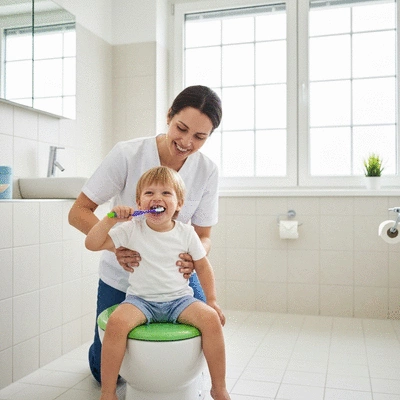 Child happily brushing teeth with an adult's help, bright bathroom, clean image, no text, no words, no typography