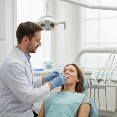 Dentist examining patient's teeth during a preventive check-up