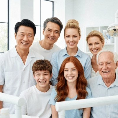Smiling diverse family, representing different age groups, at a dental clinic